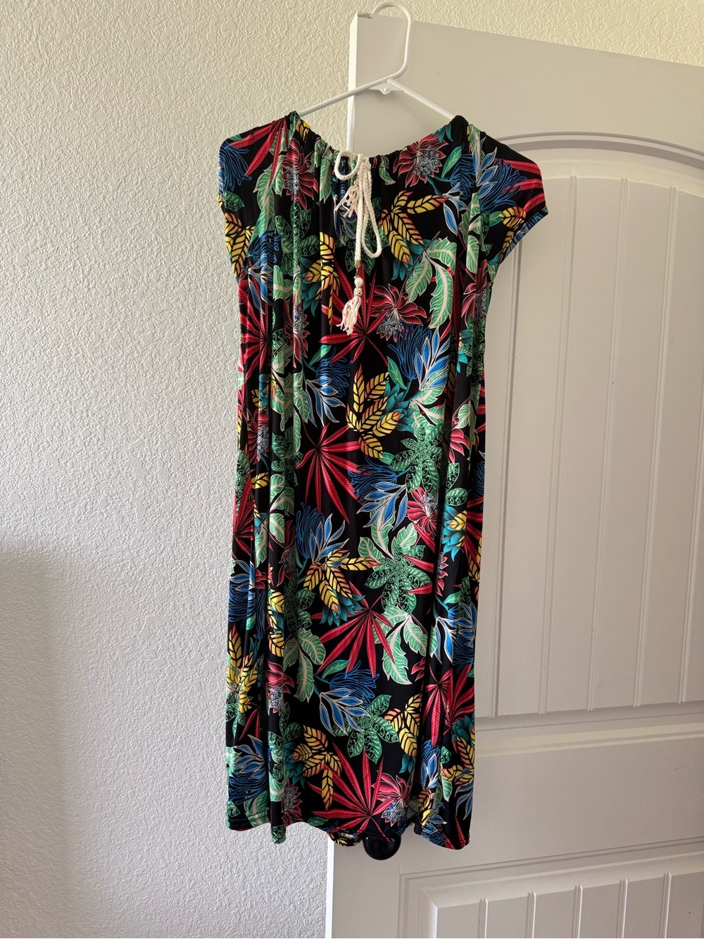 Tropical Leaf Print Tie-Neck Dress - Black Multi ONE SIZE FITS ALL super soft